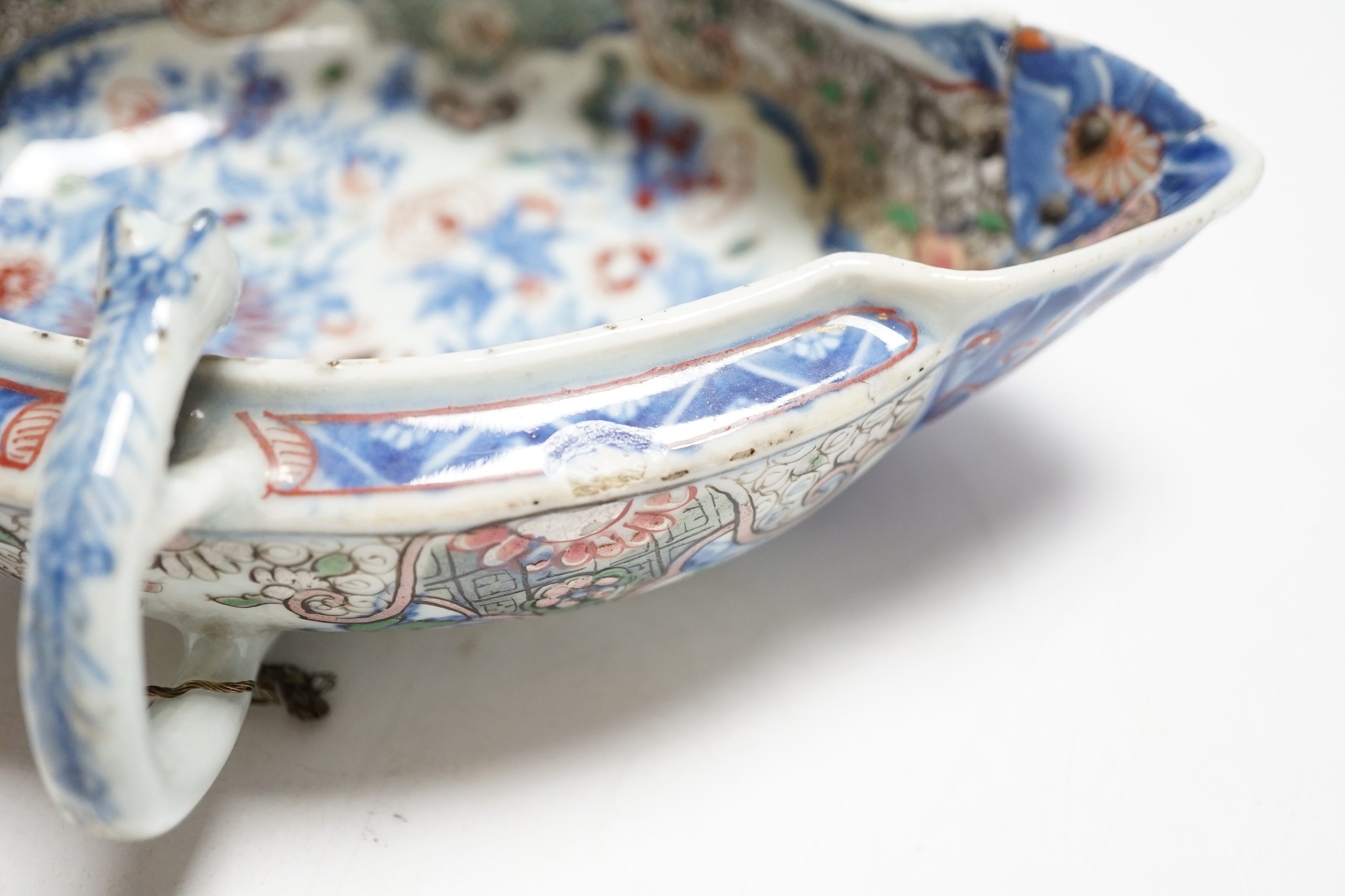 A Chinese clobbered blue and white double lipped sauceboat, Qianlong period, 23cm high